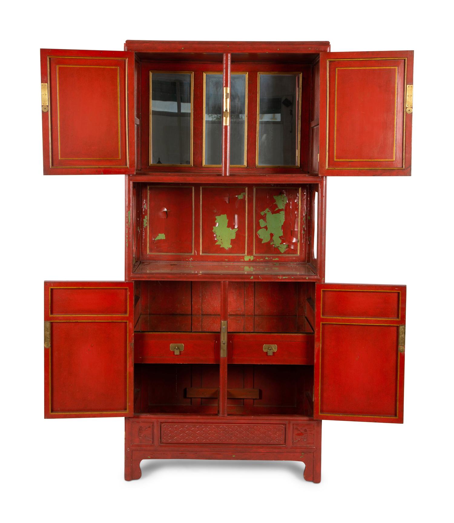 A Chinese Style Carved and Painted Cabinet on Chest — 20TH CENTURY