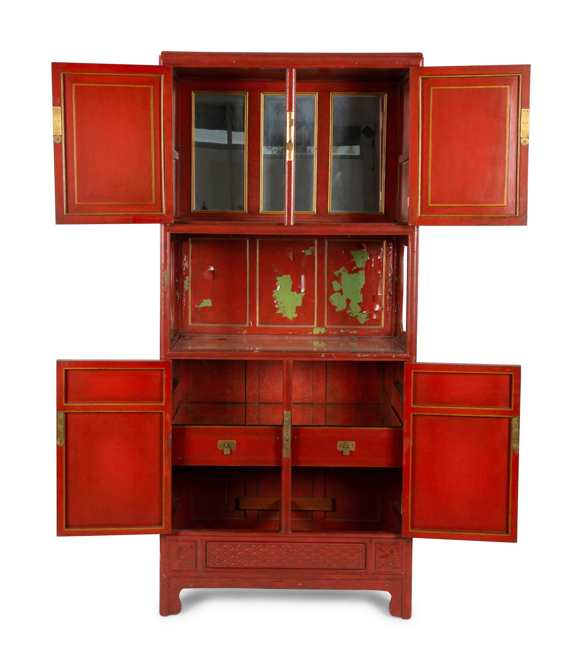 A Chinese Style Carved and Painted Cabinet on Chest — 20TH CENTURY