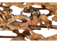 A Pair of Finely Carved Japanese Polychrome and Gilt Painted Wood Temple Carvings
