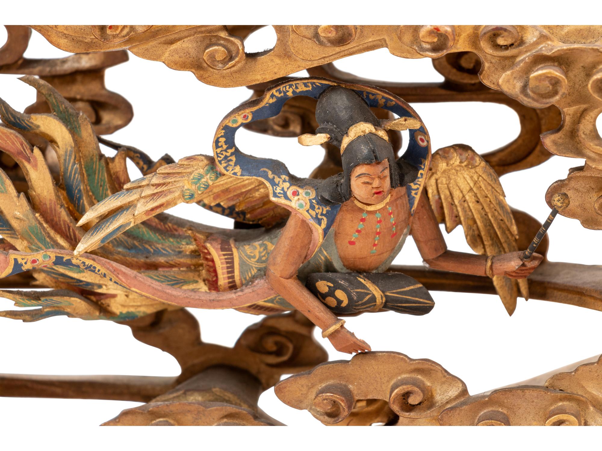 A Pair of Finely Carved Japanese Polychrome and Gilt Painted Wood Temple Carvings