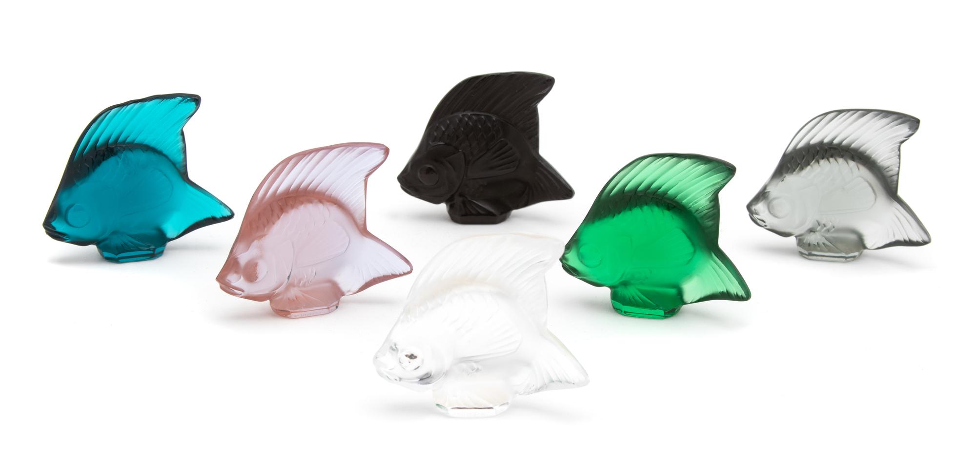 A Group of Six Lalique Colored Glass Fish Height 2 inches. — 20TH CENTURY