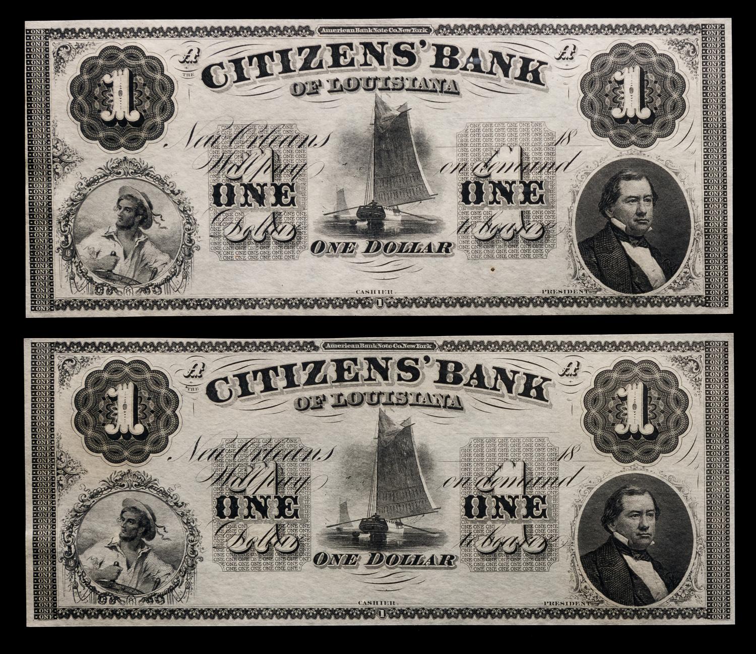 Two Obsolete $1 Bank Notes: Citizens' Bank of Louisiana — NEW ORLEANS, LOUISIANA, CIRCA 1850