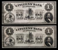 Two Obsolete $1 Bank Notes: Citizens' Bank of Louisiana — NEW ORLEANS, LOUISIANA, CIRCA 1850