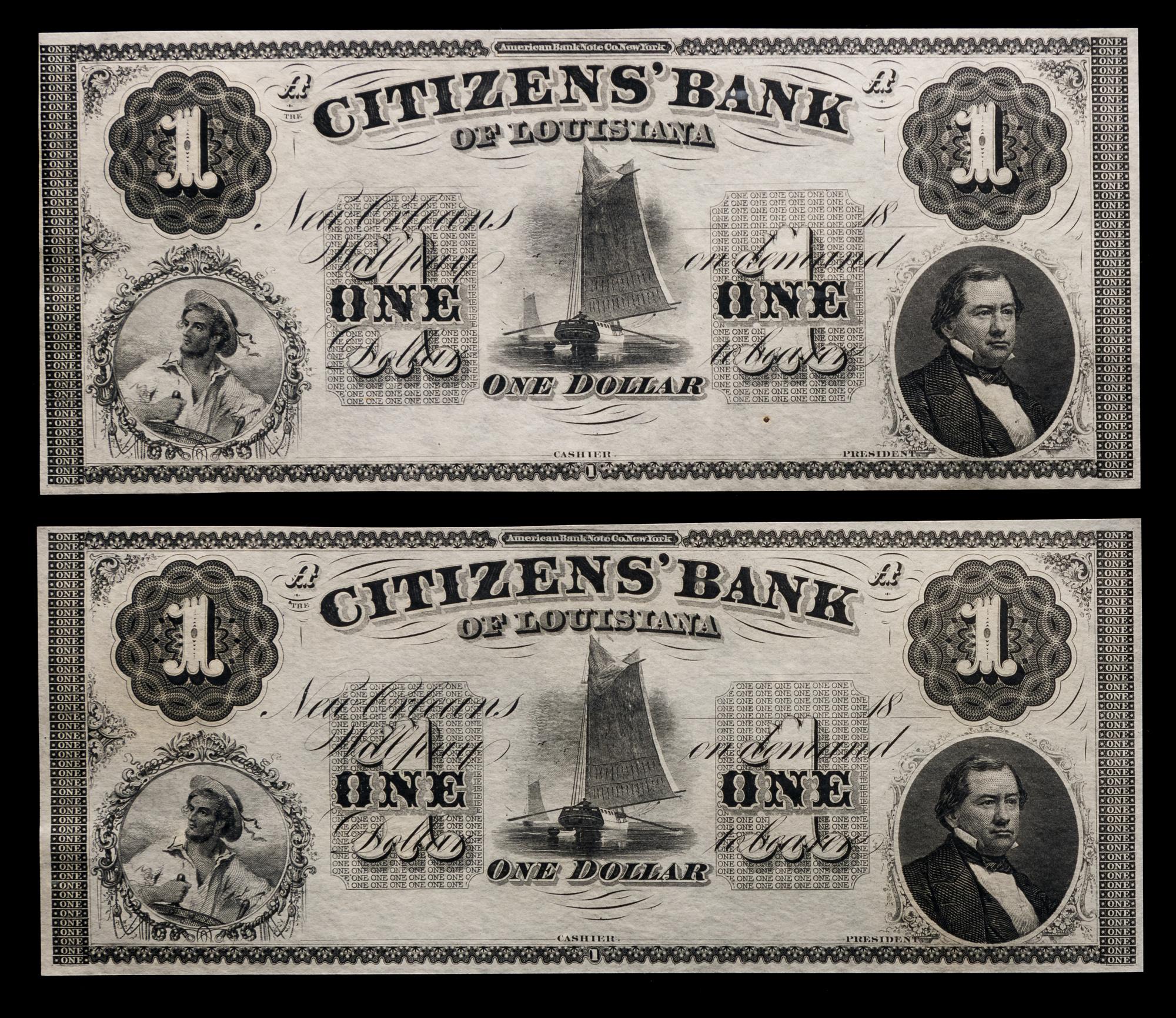 Two Obsolete $1 Bank Notes: Citizens' Bank of Louisiana — NEW ORLEANS, LOUISIANA, CIRCA 1850