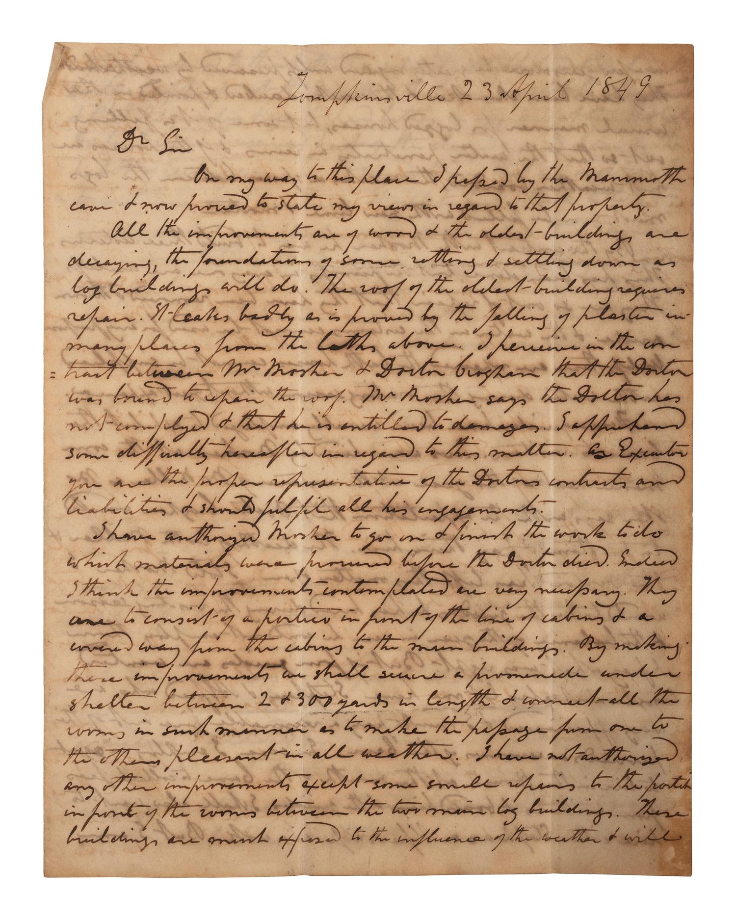 [KENTUCKY - MAMMOTH CAVE]. UNDERWOOD, Joseph Rogers (1791-1876). Autograph letter signed ("J.R. Underwood") to George C. Gwathmey. Tompkinsville, KY, 23 April 1849. 6 pages, 8vo, toned, integral leaf.
