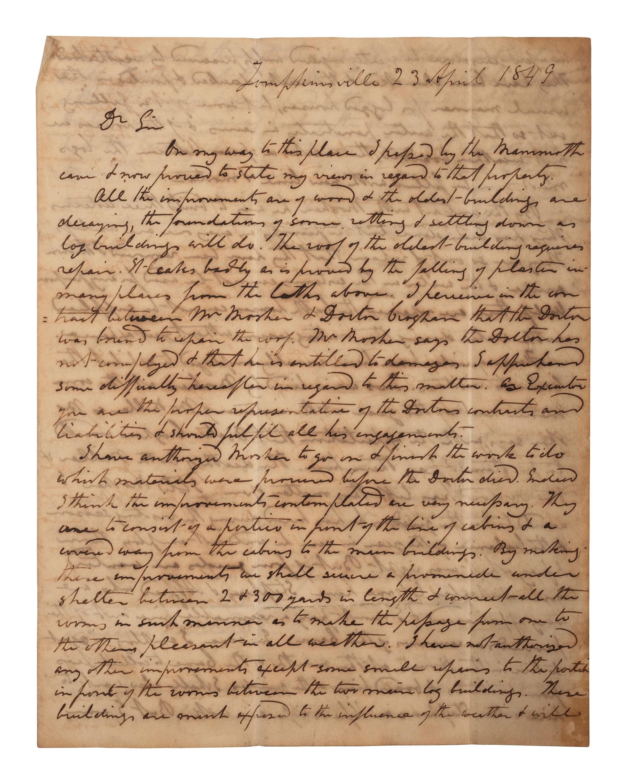[KENTUCKY - MAMMOTH CAVE]. UNDERWOOD, Joseph Rogers (1791-1876). Autograph letter signed ("J.R. Underwood") to George C. Gwathmey. Tompkinsville, KY, 23 April 1849. 6 pages, 8vo, toned, integral leaf.