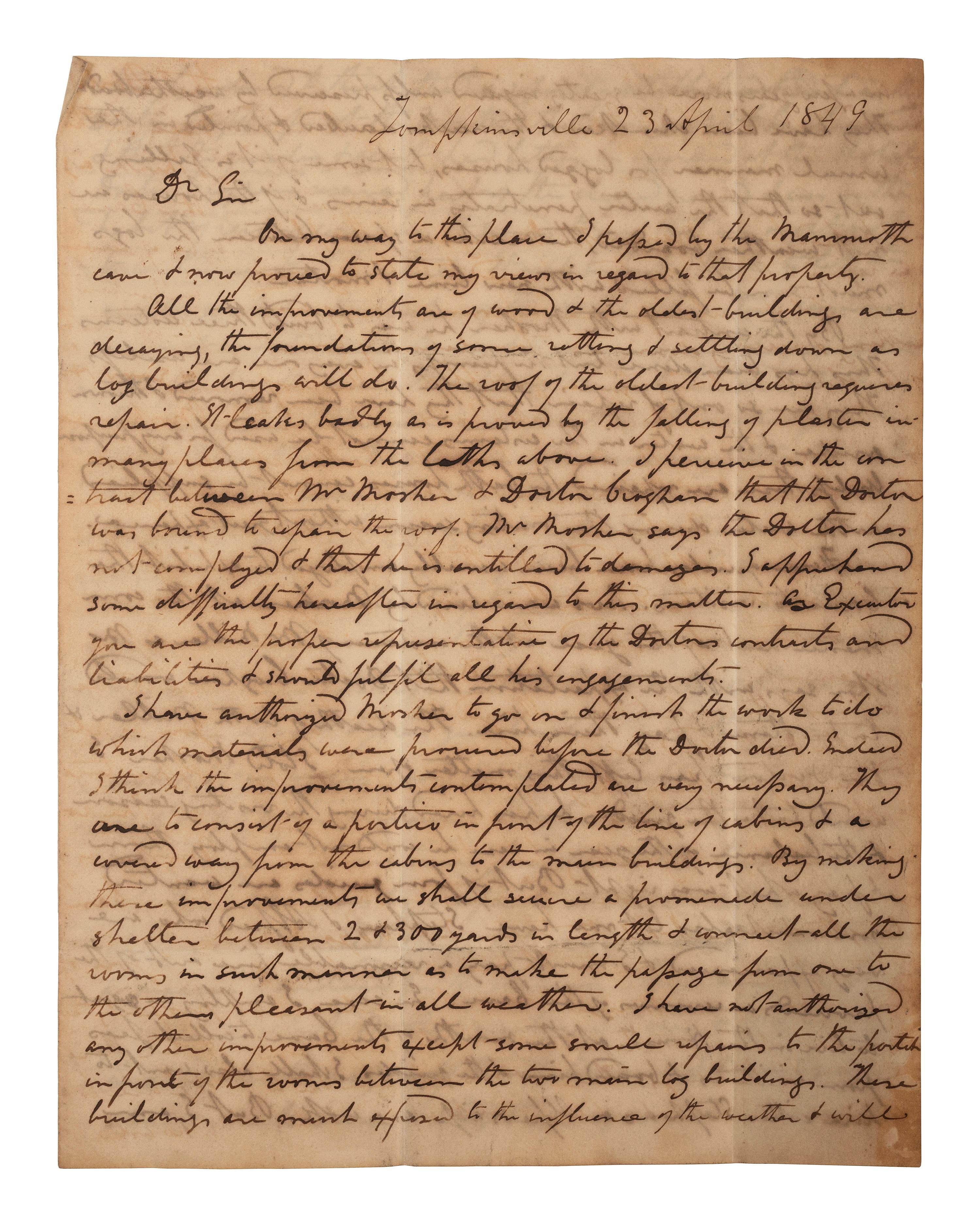 [KENTUCKY - MAMMOTH CAVE]. UNDERWOOD, Joseph Rogers (1791-1876). Autograph letter signed ("J.R. Underwood") to George C. Gwathmey. Tompkinsville, KY, 23 April 1849. 6 pages, 8vo, toned, integral leaf.