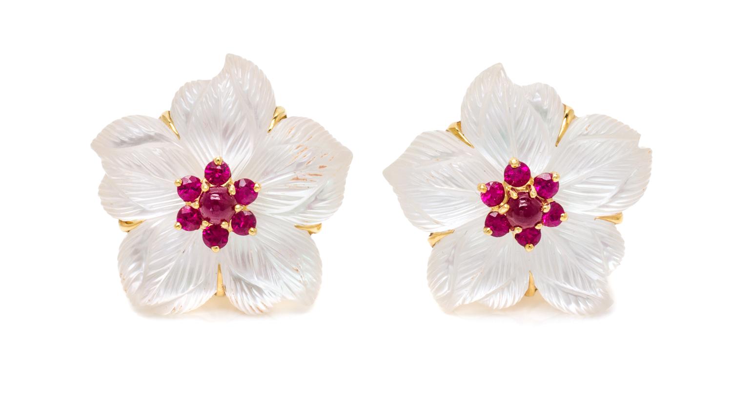 A Pair of 18 Karat Yellow Gold, Rock Crystal and Ruby Earclips, Seaman Schepps, 10.80 dwts.
