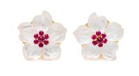 A Pair of 18 Karat Yellow Gold, Rock Crystal and Ruby Earclips, Seaman Schepps, 10.80 dwts.