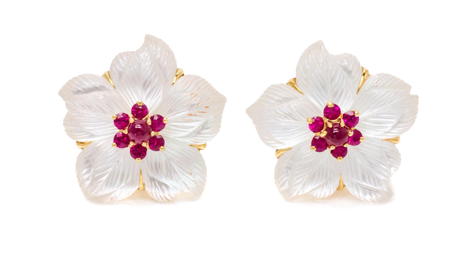 A Pair of 18 Karat Yellow Gold, Rock Crystal and Ruby Earclips, Seaman Schepps, 10.80 dwts.
