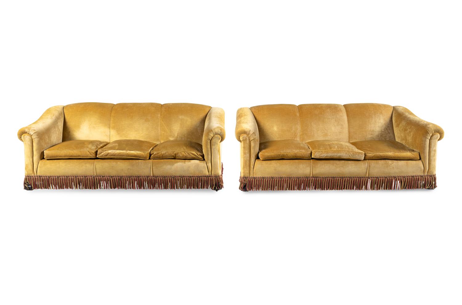 A Pair of Velvet-Upholstered Three-Cushion Sofas