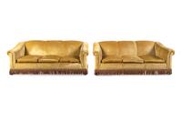 A Pair of Velvet-Upholstered Three-Cushion Sofas