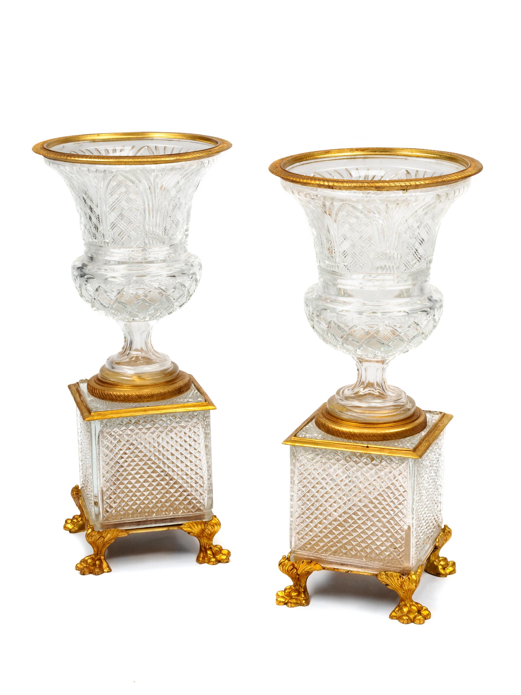 A Pair of Gilt Bronze Mounted Cut Glass Urns