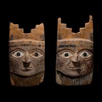 Two Moche Painted Wood Face Plaques