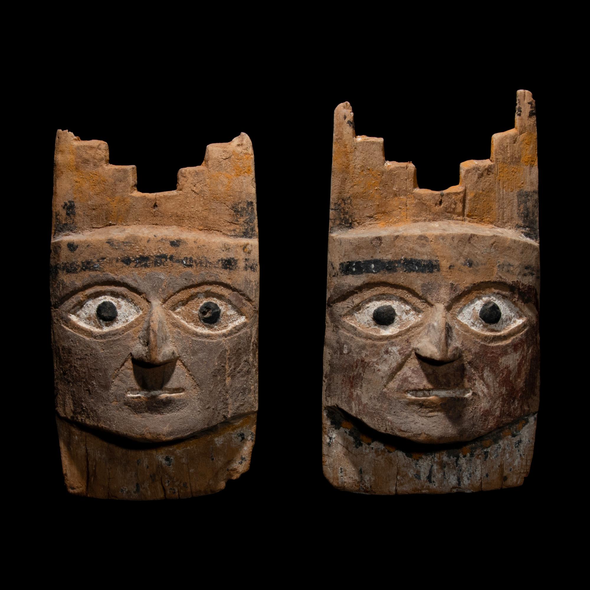 Two Moche Painted Wood Face Plaques