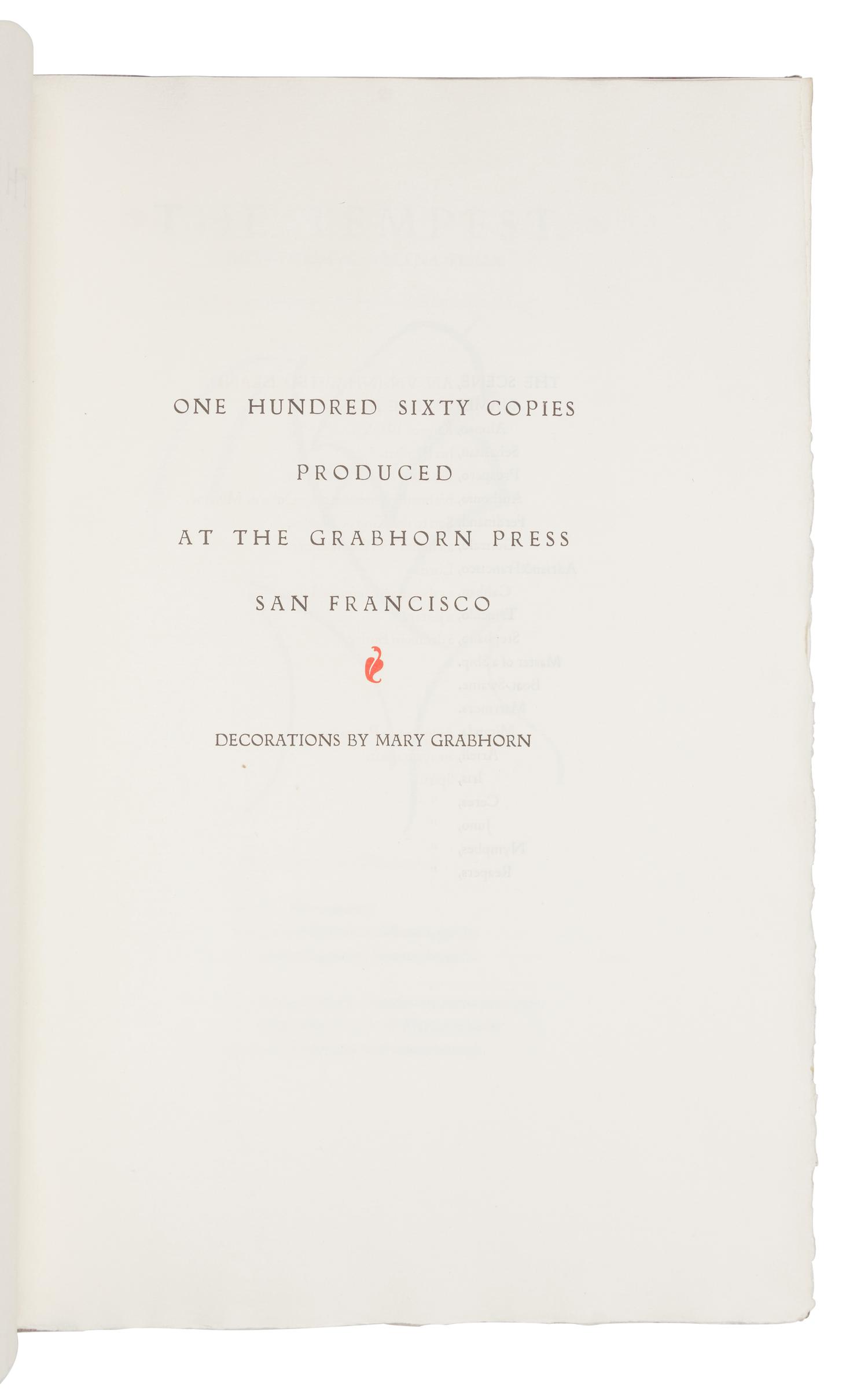 [GRABHORN PRINTING]. SHAKESPEARE, William (1564-1616). The Tempest . San Francisco: The Grabhorn Press, 1951.