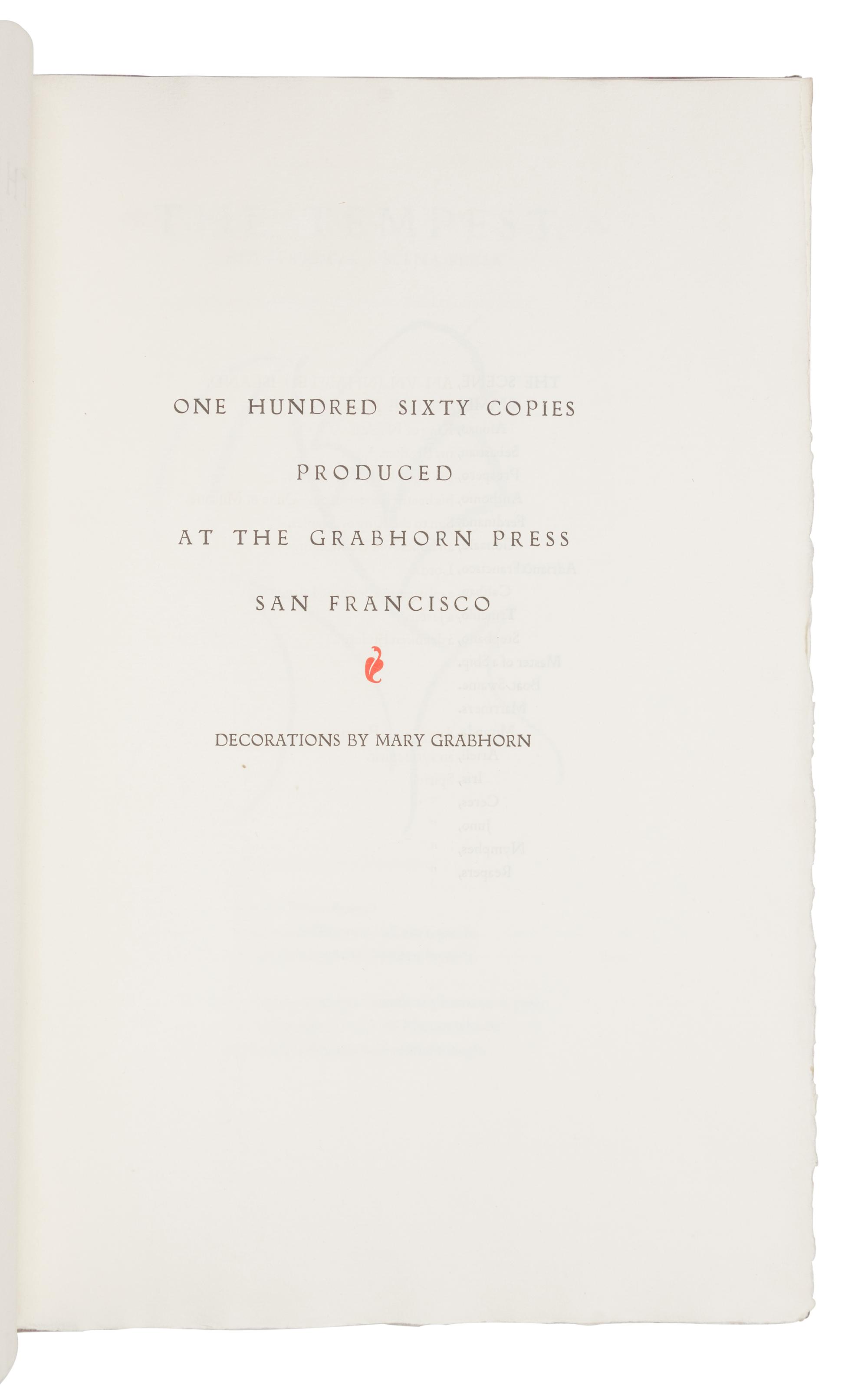 [GRABHORN PRINTING]. SHAKESPEARE, William (1564-1616). The Tempest . San Francisco: The Grabhorn Press, 1951.