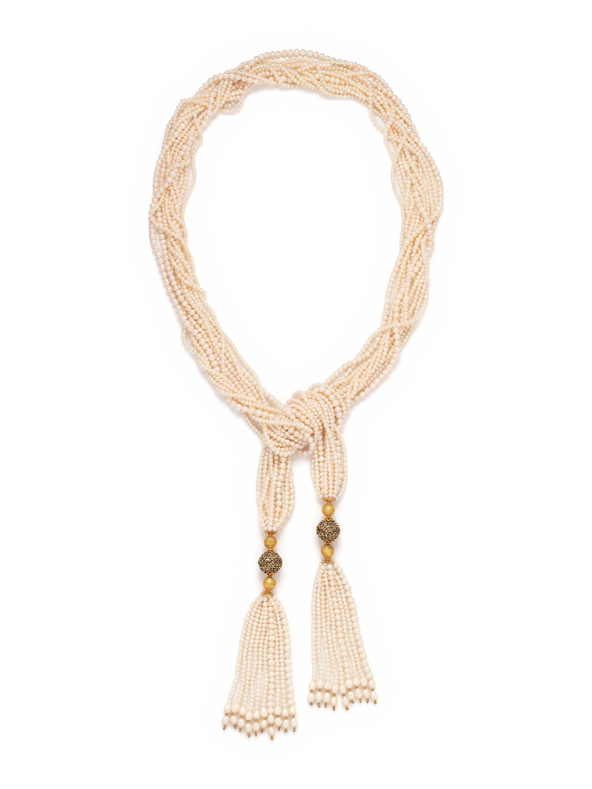 CULTURED PEARL AND DIAMOND MULTISTRAND LARIAT NECKLACE
