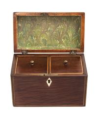 A Georgian Cross-Banded Mahogany Tea Caddy Height 5 1/2 x width 7 1/4 x depth 4 1/4 inches.