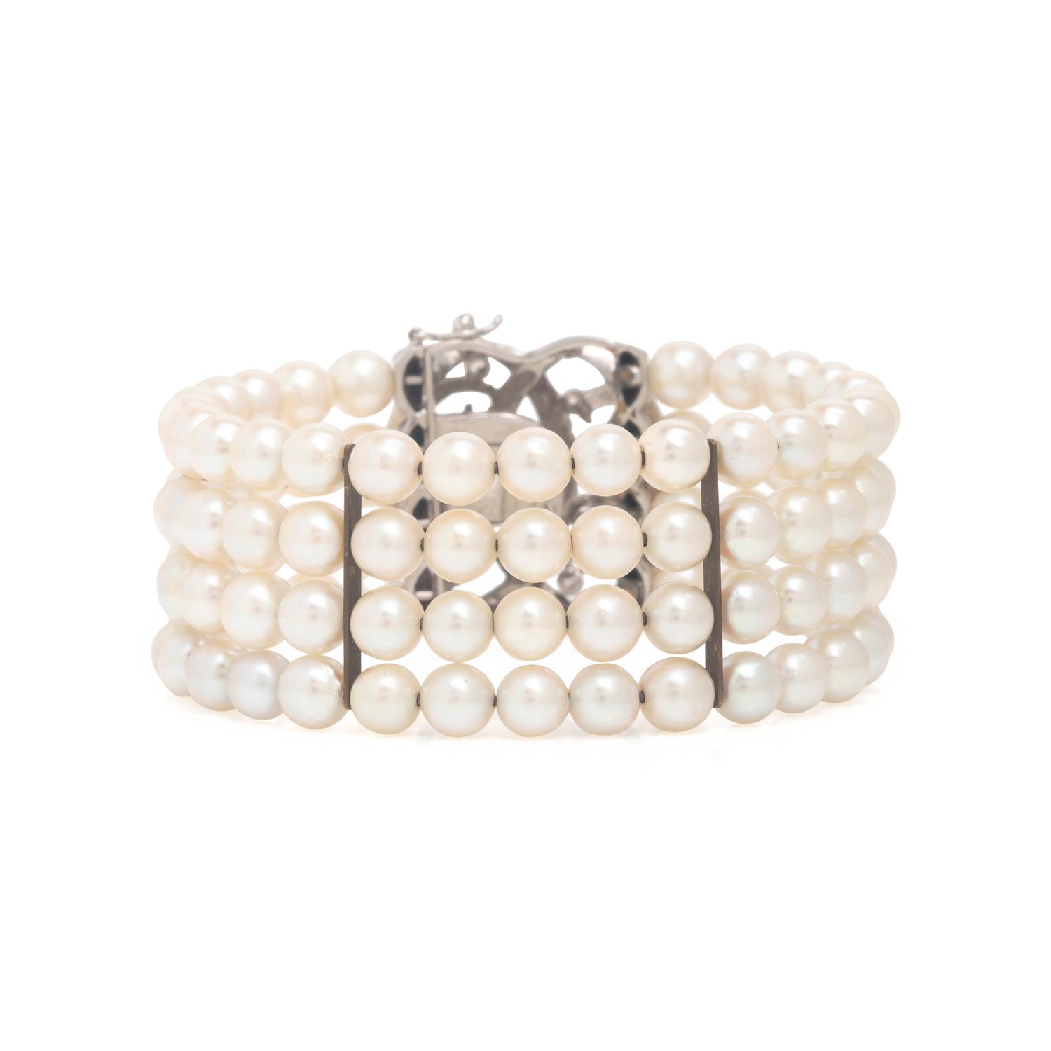 Cultured Pearl, White Gold, and Sapphire Bracelet