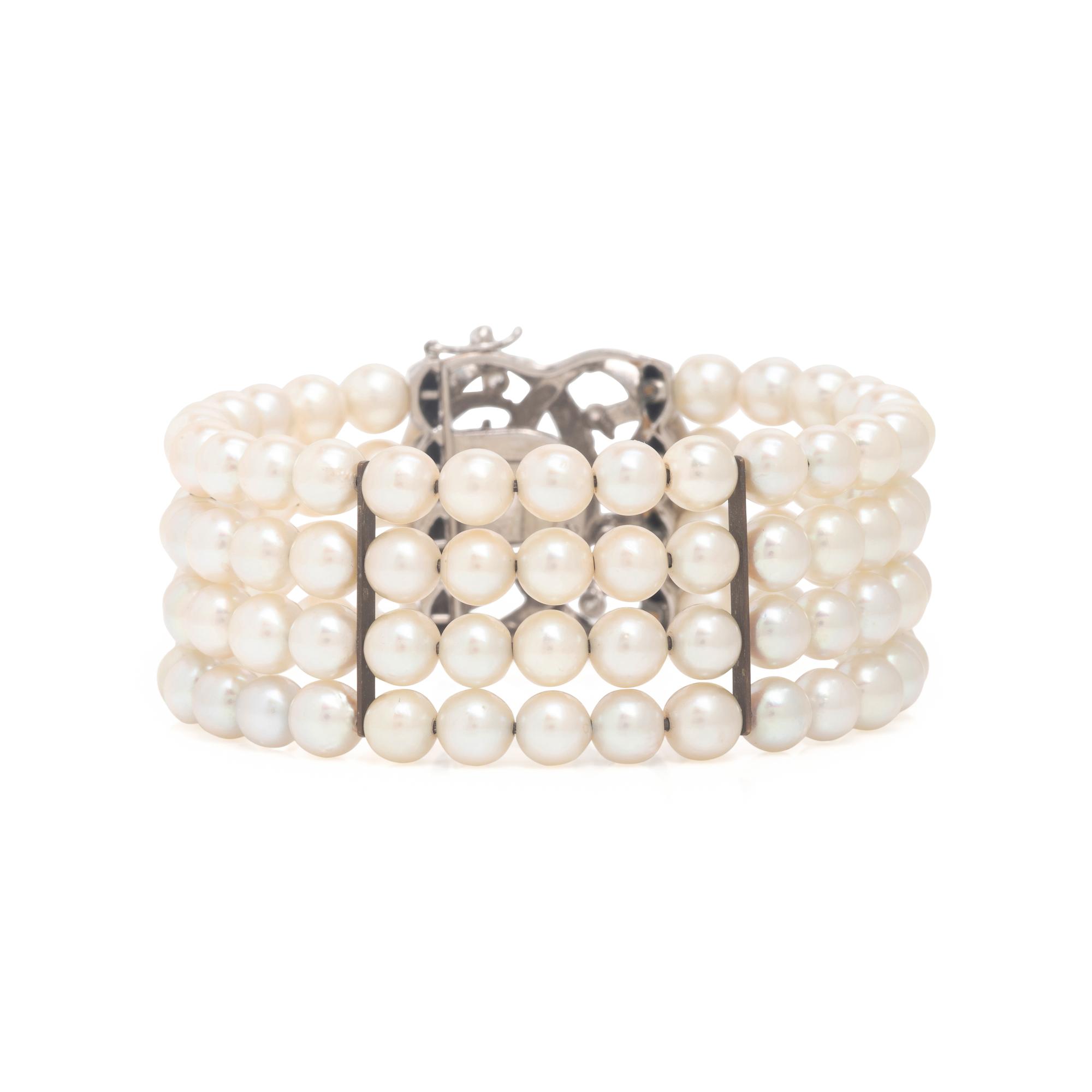 Cultured Pearl, White Gold, and Sapphire Bracelet