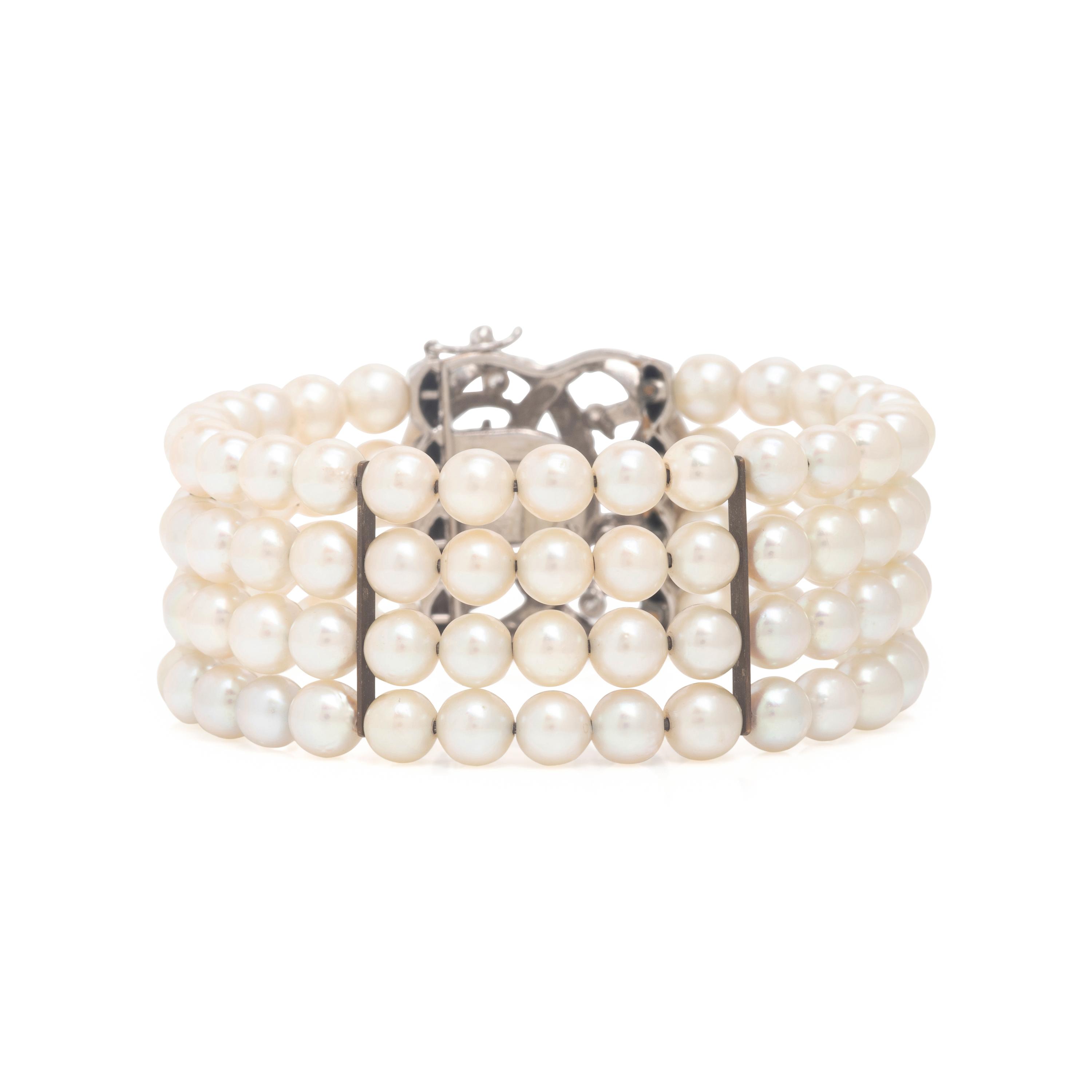 Cultured Pearl, White Gold, and Sapphire Bracelet