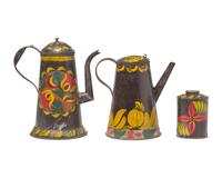 A Group of Three Tole- Decorated Asphaltum Tinware Tablewares, Pennsylvania, Circa 1830-1850