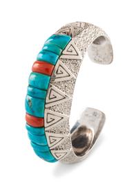 Cast Silver Cuff Bracelet, with Turquoise and Coral Cobblestone Inlay