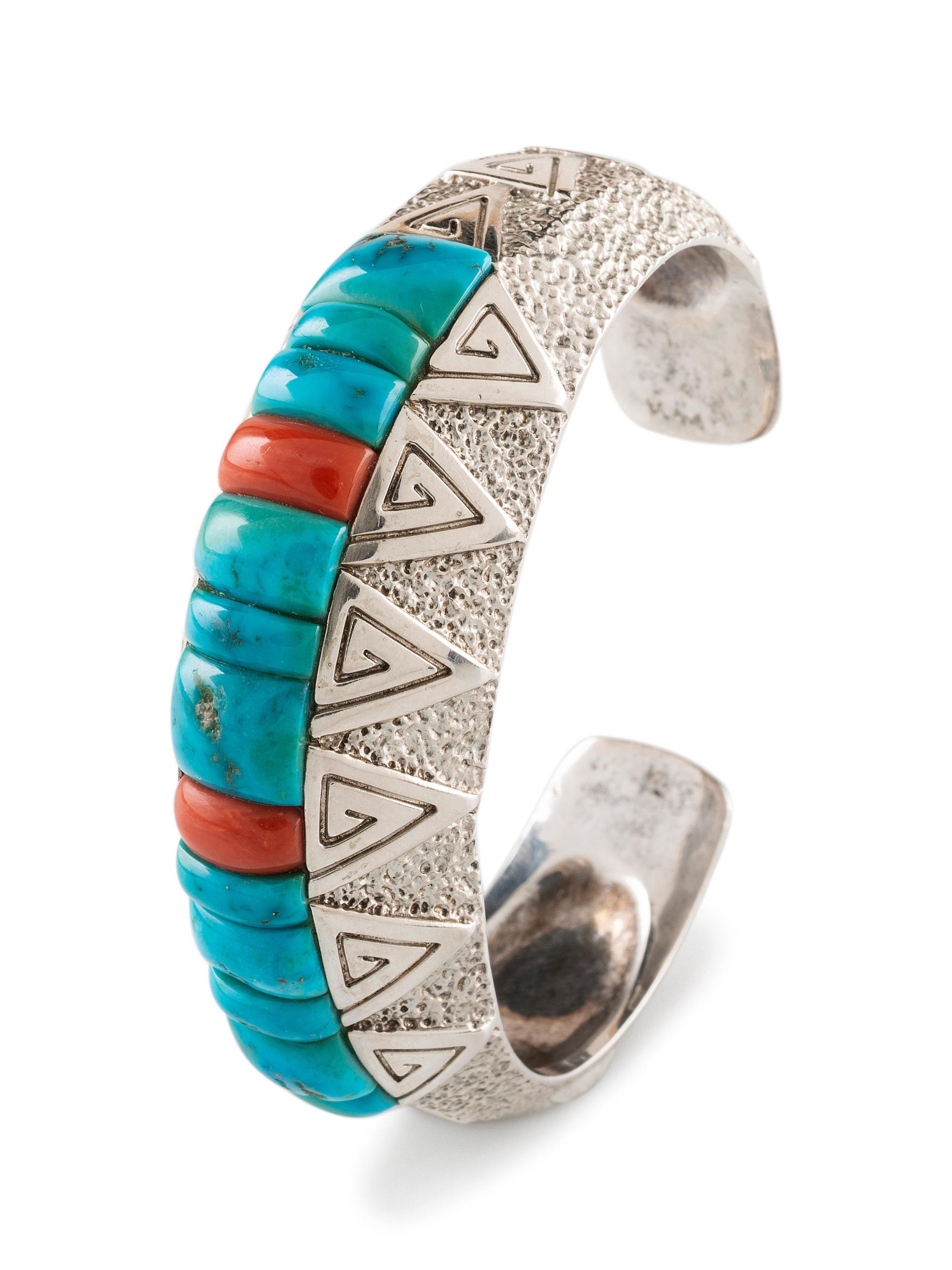 Cast Silver Cuff Bracelet, with Turquoise and Coral Cobblestone Inlay