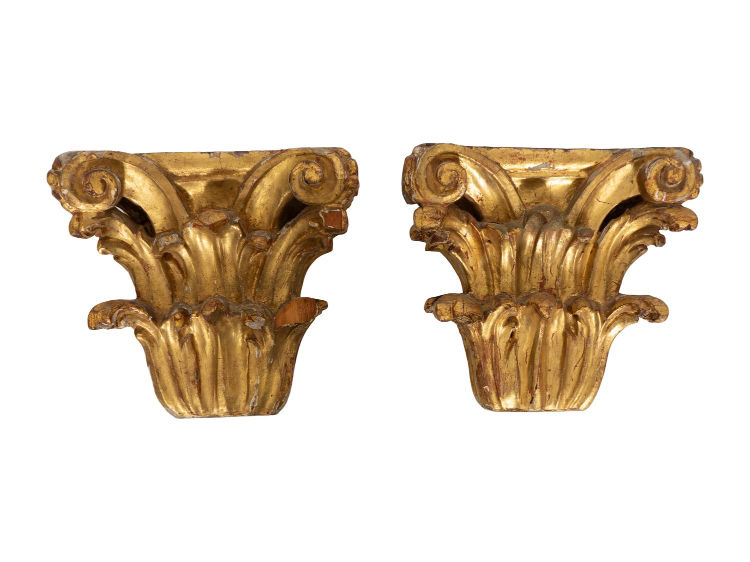 A Pair of Continental Giltwood Corinthian Capital Wall Brackets