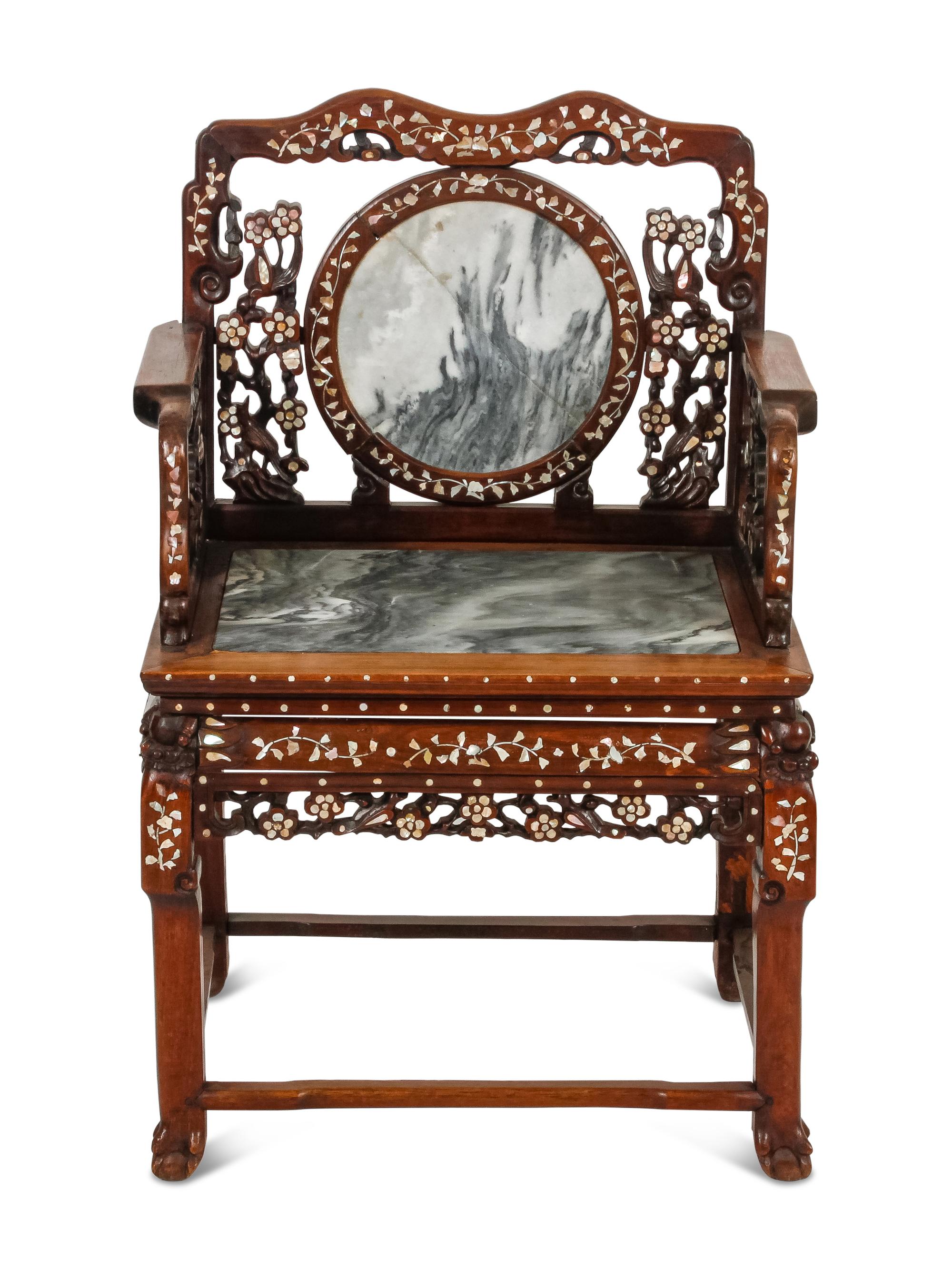 A Mother-of-Pearl Inlaid Rosewood Altar Table and Three Armchairs