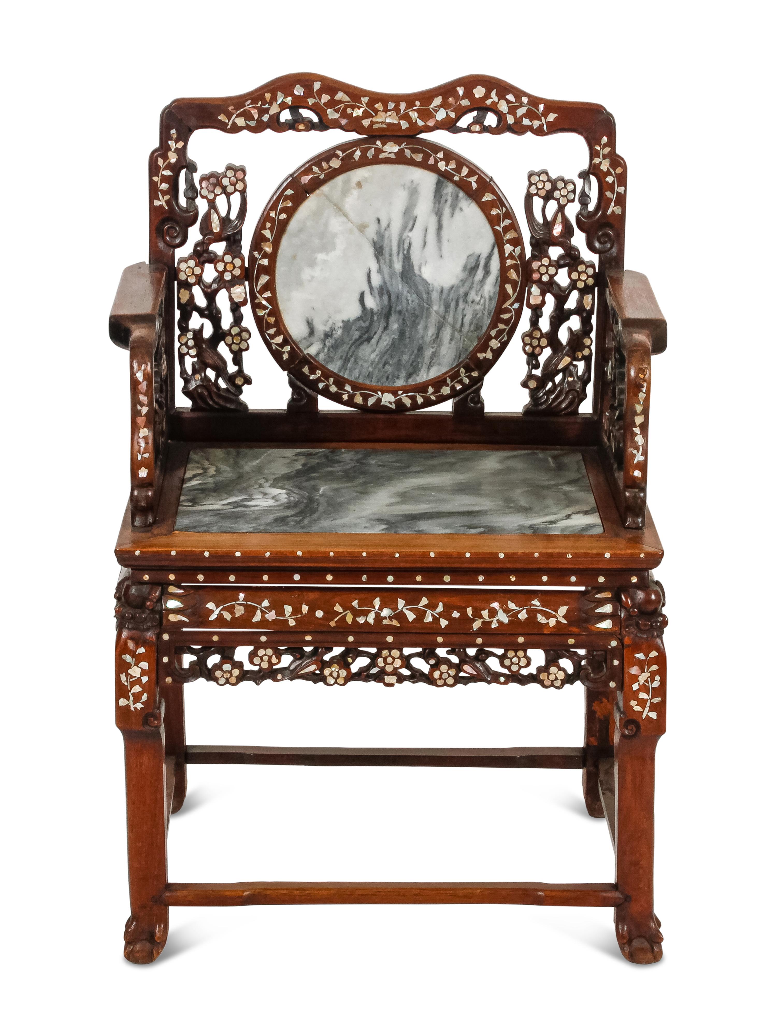 A Mother-of-Pearl Inlaid Rosewood Altar Table and Three Armchairs