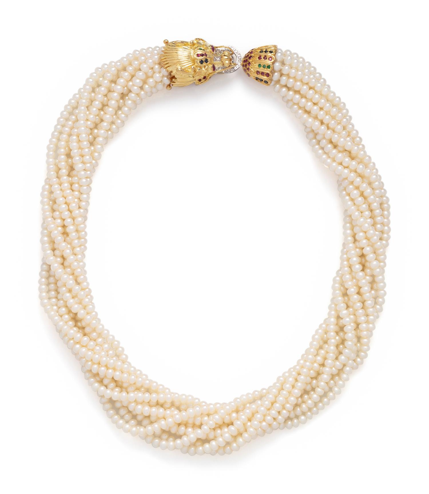 CULTURED PEARL, DIAMOND AND MULTIGEM TORSADE NECKLACE