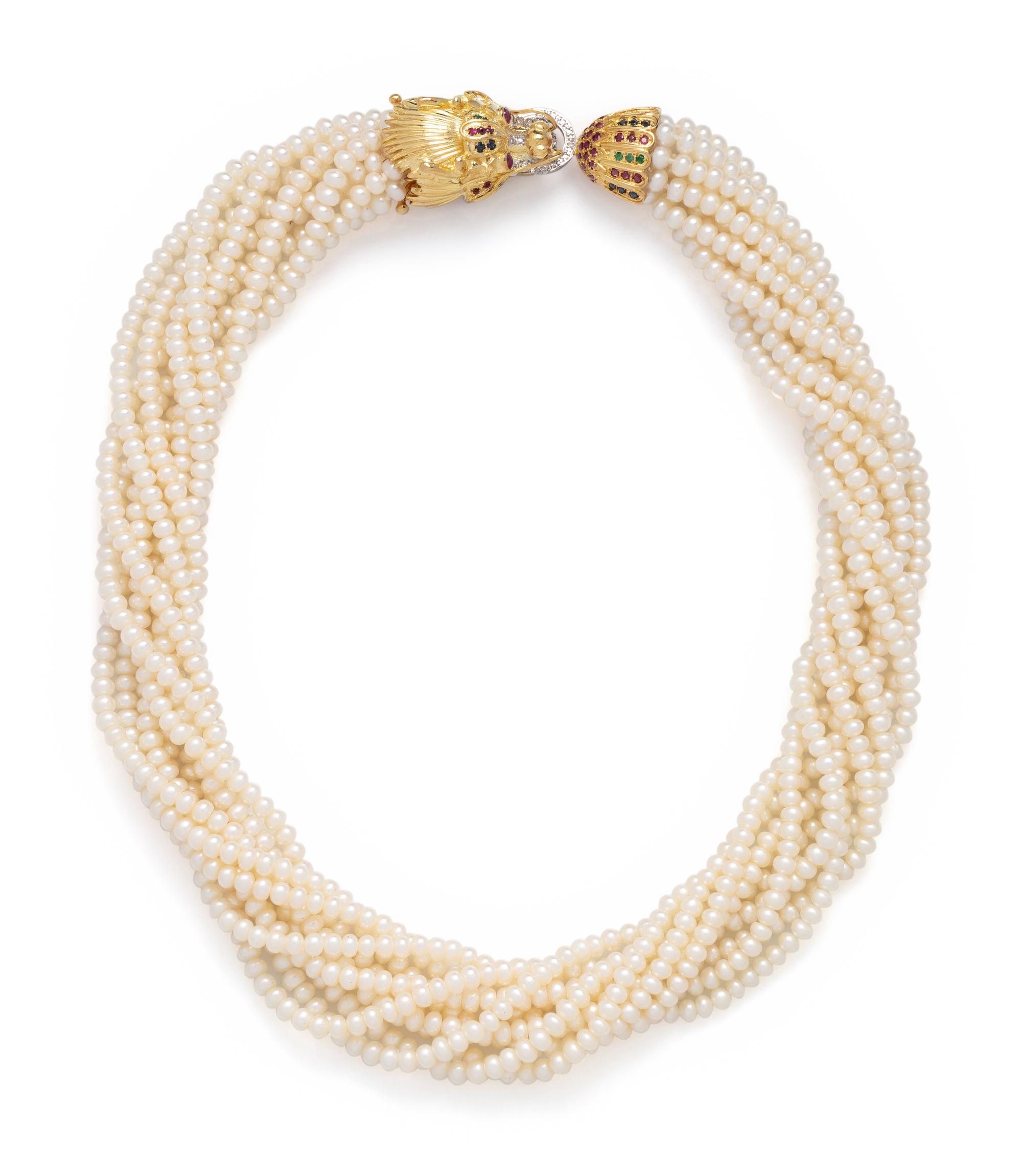 CULTURED PEARL, DIAMOND AND MULTIGEM TORSADE NECKLACE