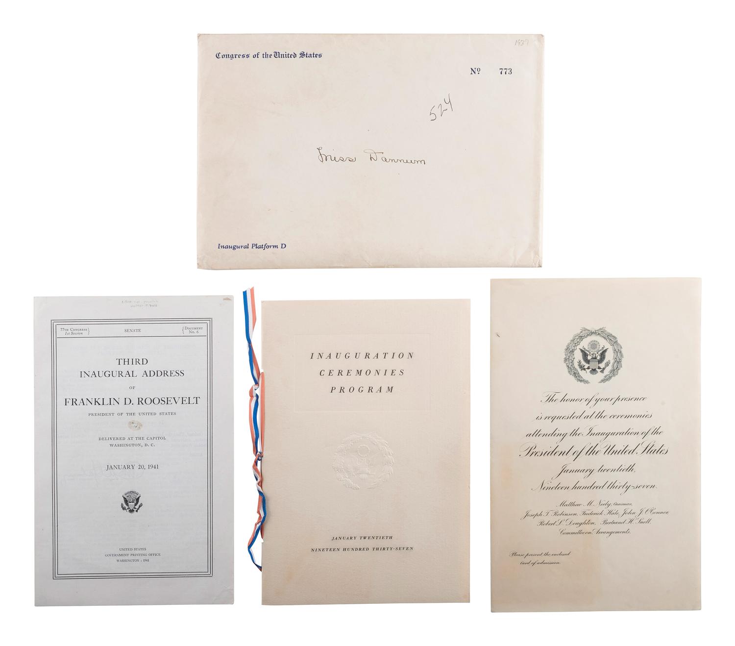 [ROOSEVELT, Franklin Delano (1882-1945)]. Pennant and ephemera from the 1937 and 1941 presidential inaugurations, comprising: