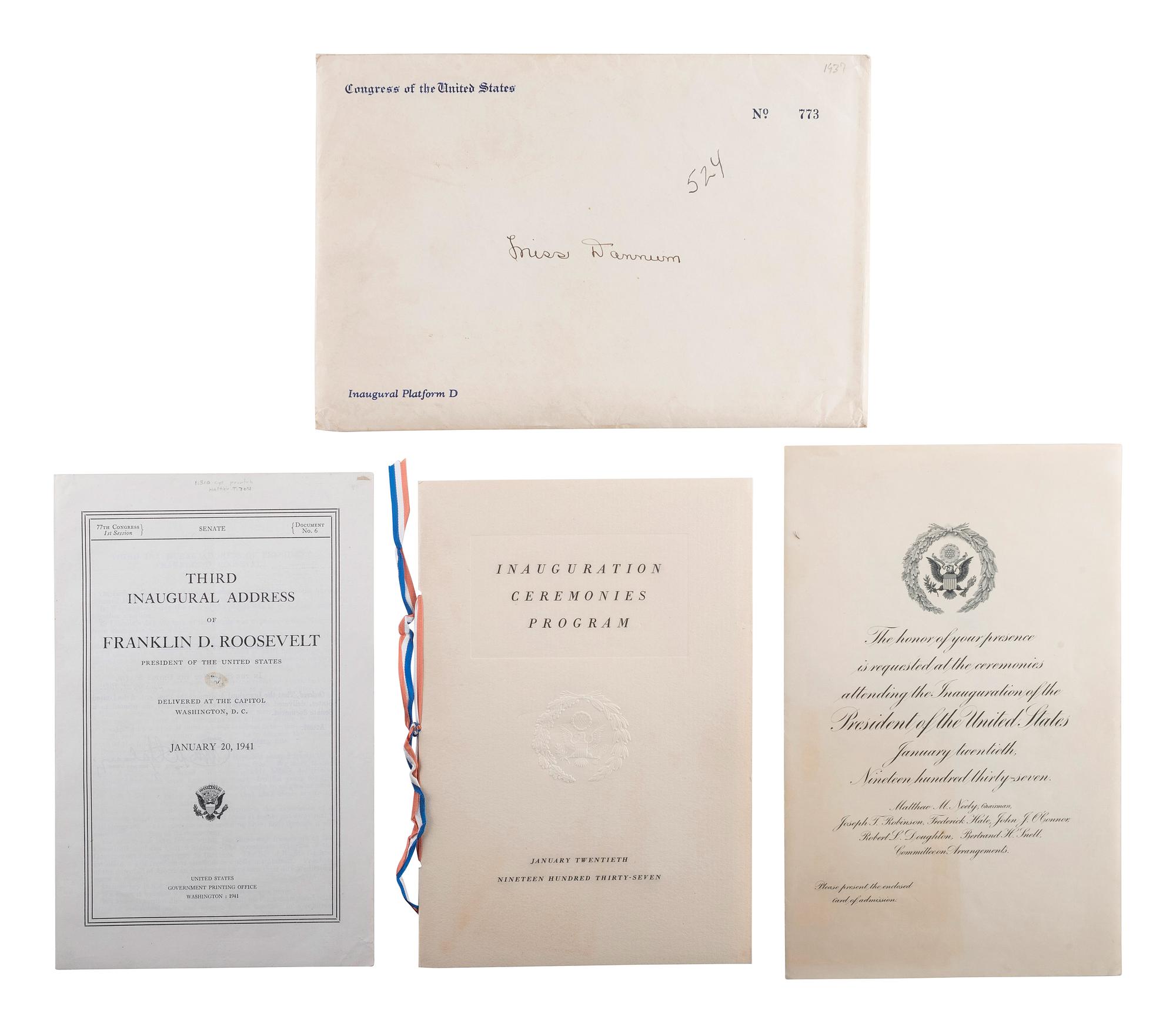 [ROOSEVELT, Franklin Delano (1882-1945)]. Pennant and ephemera from the 1937 and 1941 presidential inaugurations, comprising: