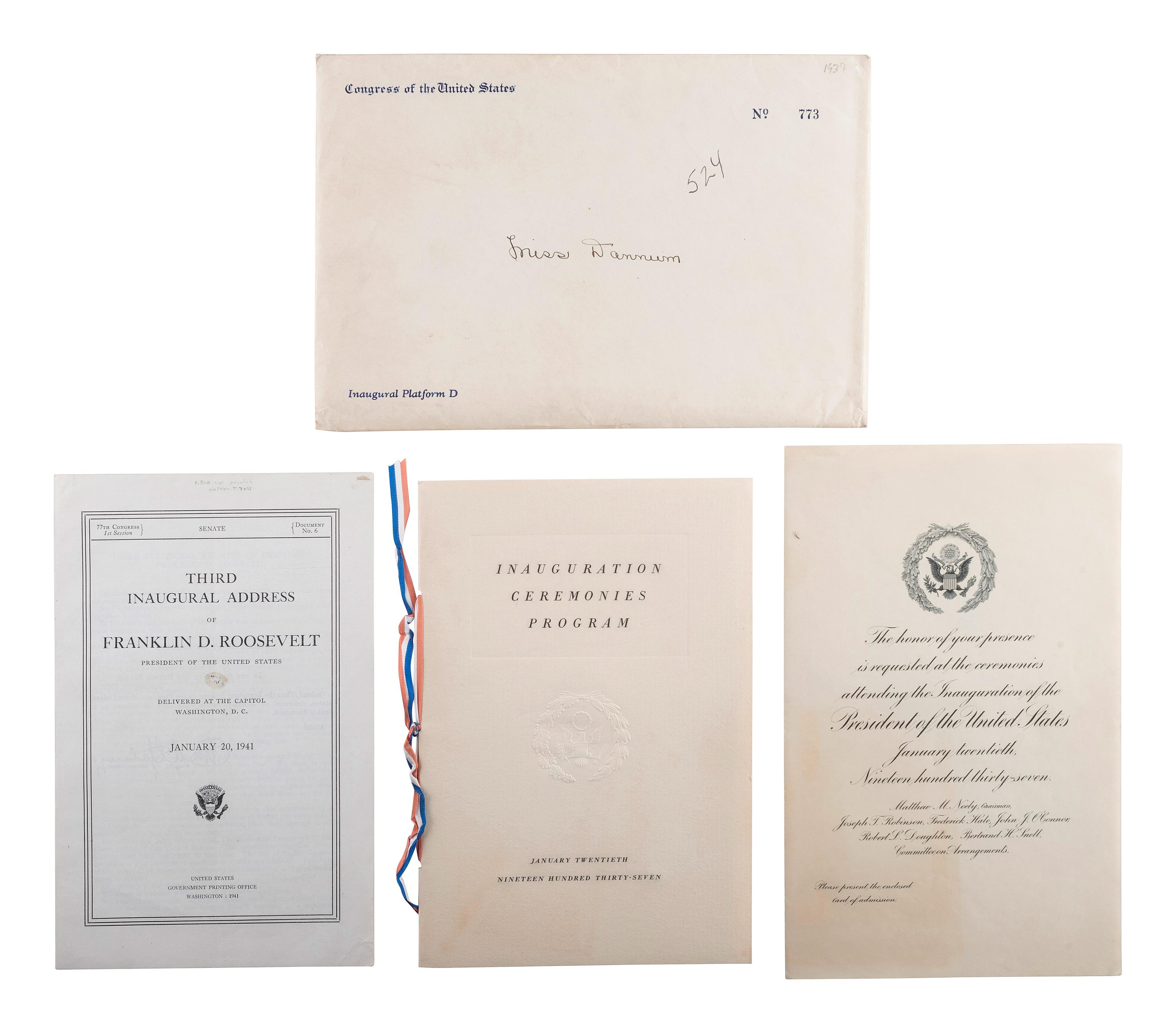 [ROOSEVELT, Franklin Delano (1882-1945)]. Pennant and ephemera from the 1937 and 1941 presidential inaugurations, comprising: