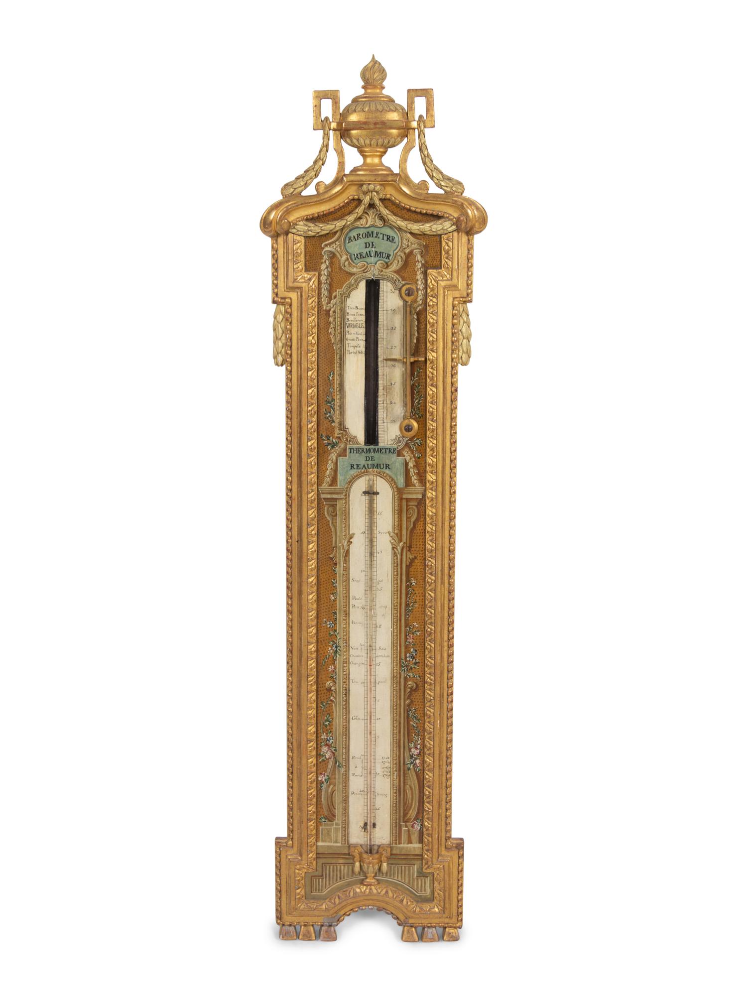 A Louis XVI Painted and Parcel Gilt Barometer and Thermometer