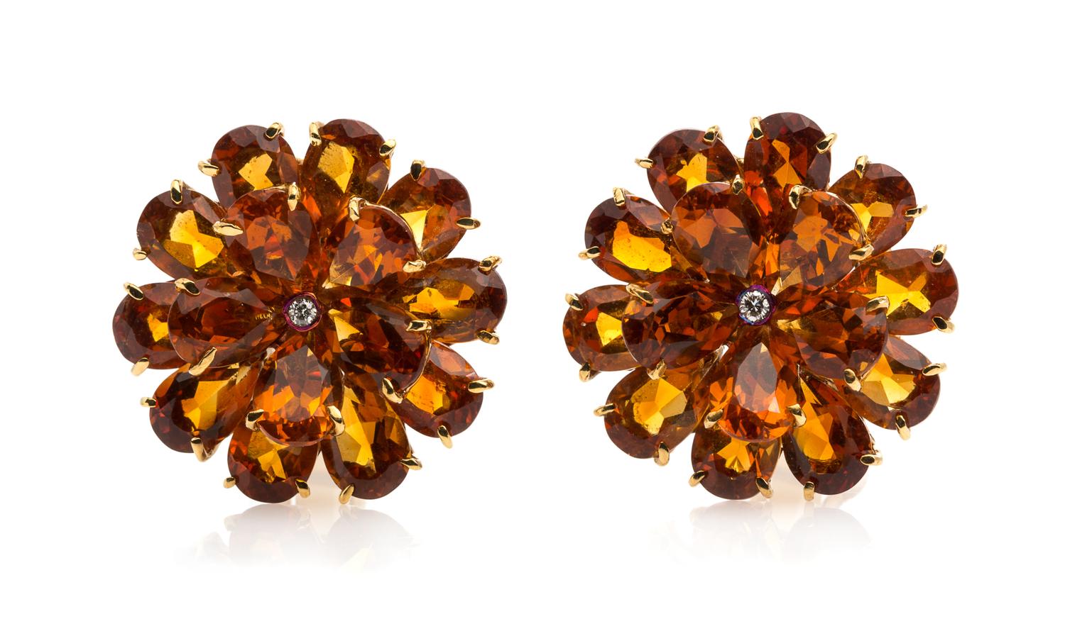 A Pair of Yellow Gold, Citrine and Diamond Flower Motif Earclips, 15.10 dwts.