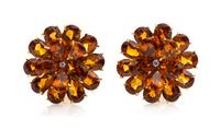 A Pair of Yellow Gold, Citrine and Diamond Flower Motif Earclips, 15.10 dwts.
