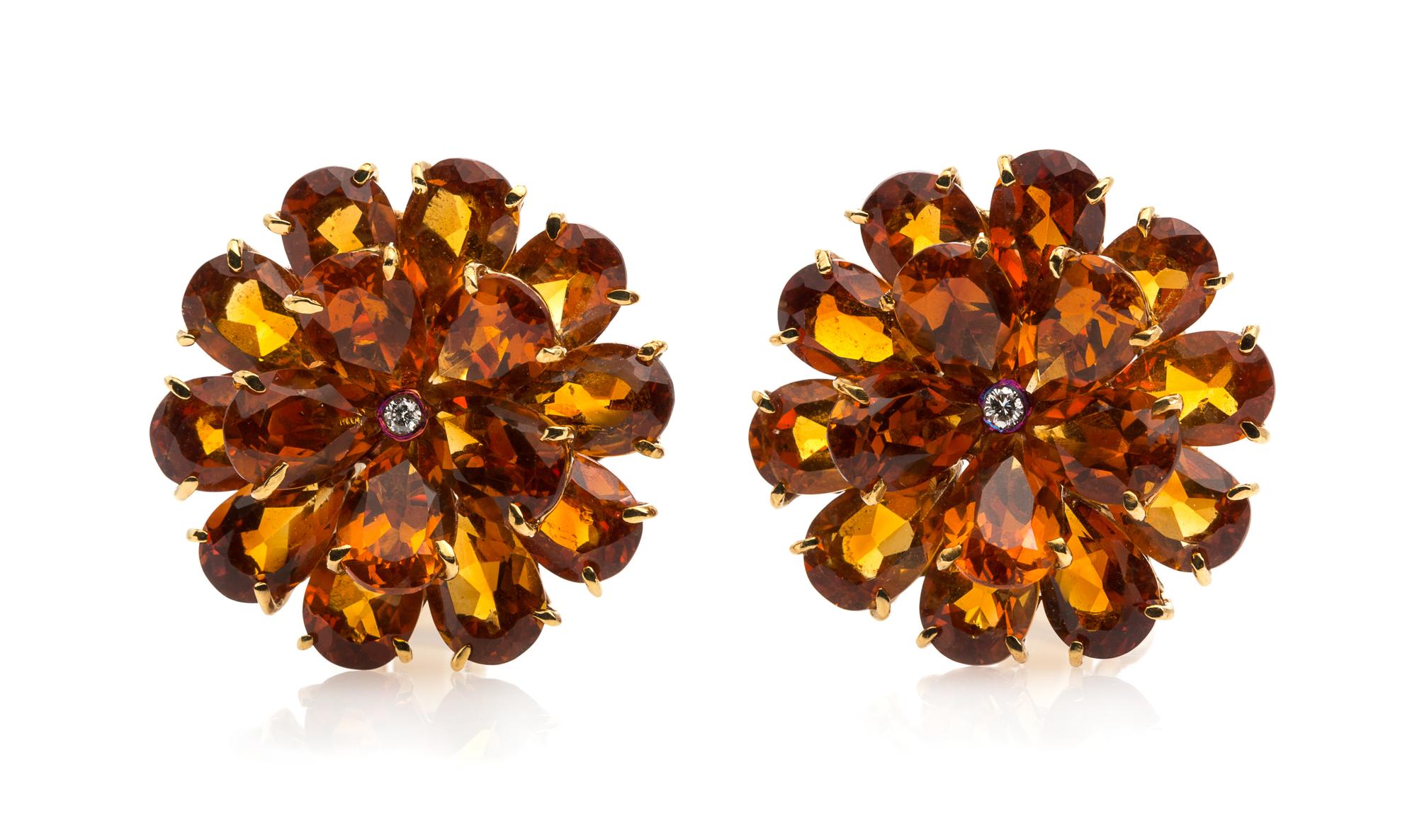 A Pair of Yellow Gold, Citrine and Diamond Flower Motif Earclips, 15.10 dwts.