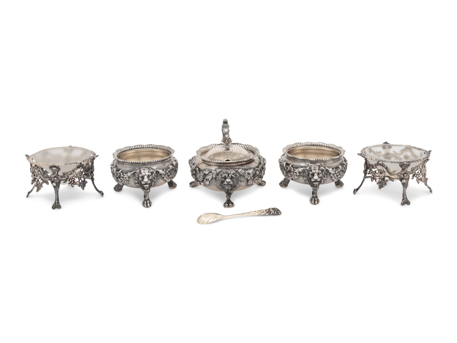 A Pair of English Silver-Gilt Footed Salt Cellars and Covered Condiment Bowl