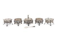 A Pair of English Silver-Gilt Footed Salt Cellars and Covered Condiment Bowl