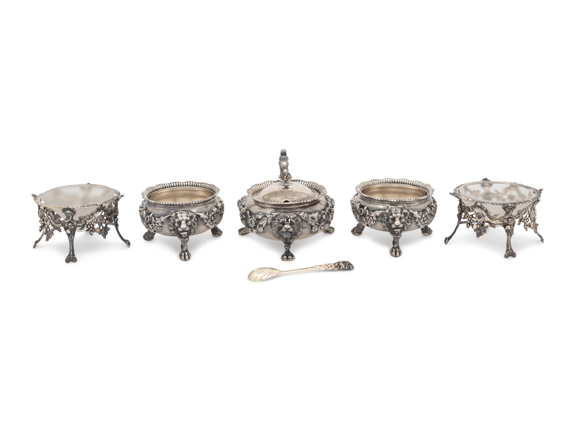 A Pair of English Silver-Gilt Footed Salt Cellars and Covered Condiment Bowl
