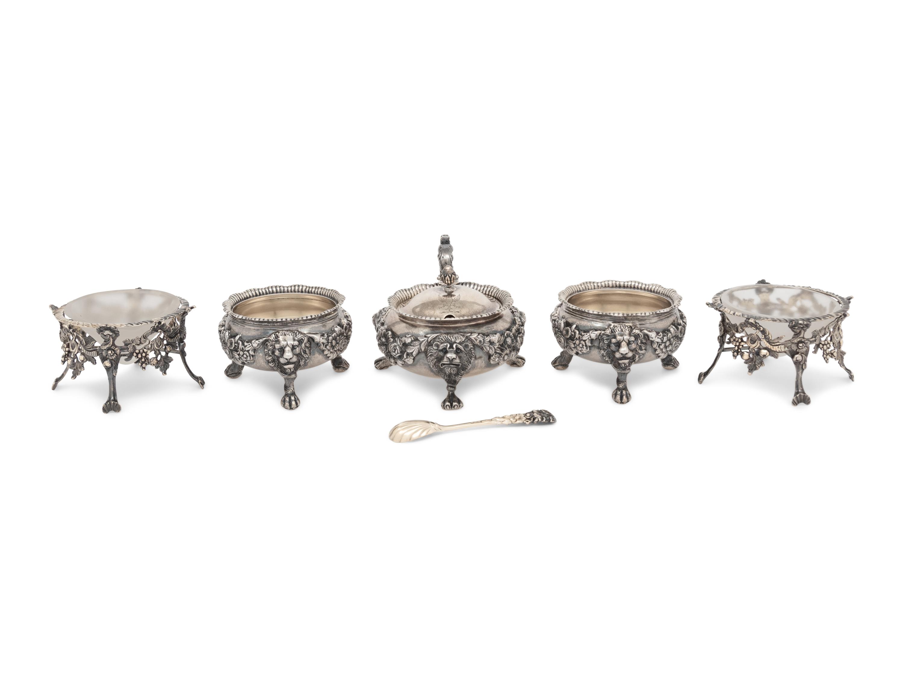 A Pair of English Silver-Gilt Footed Salt Cellars and Covered Condiment Bowl