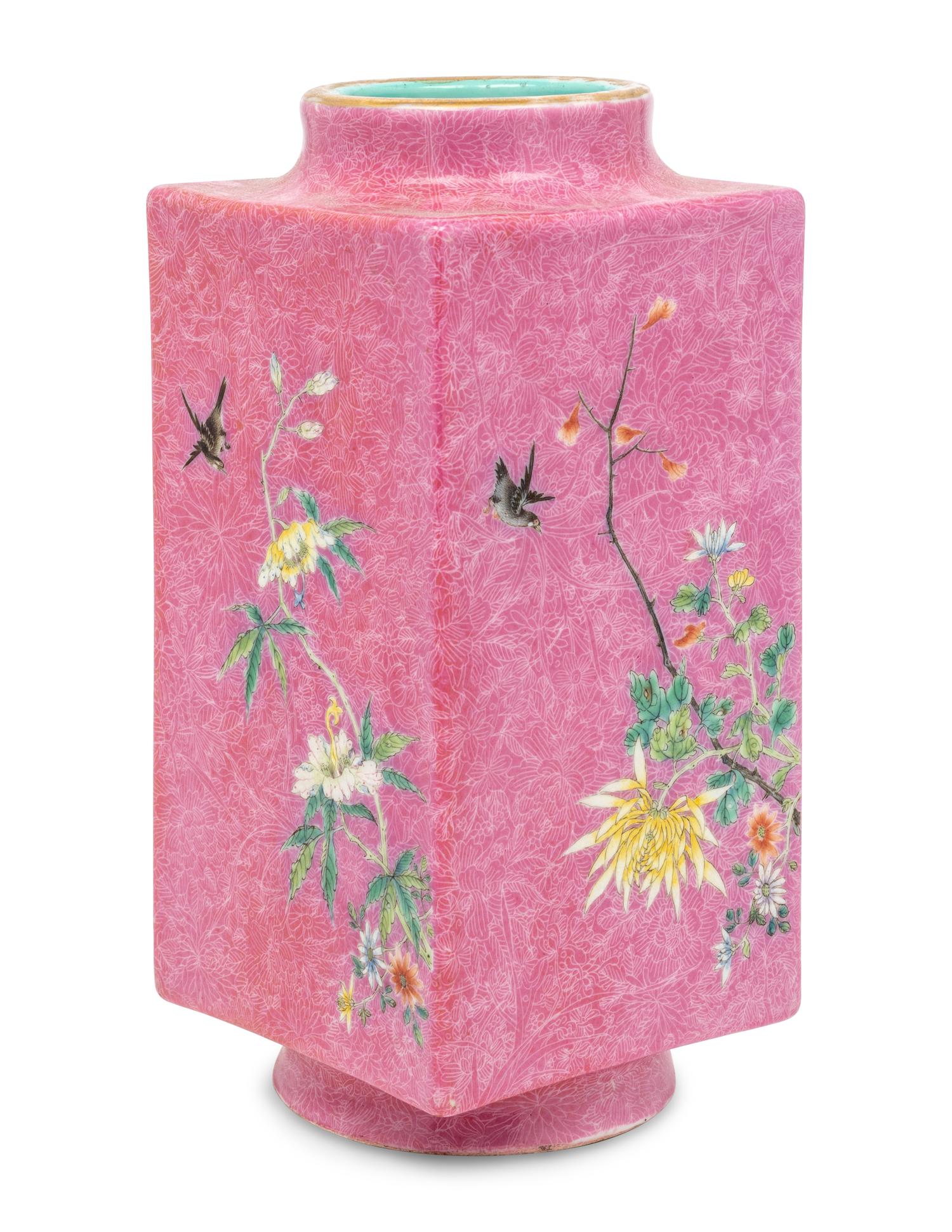 A Chinese Pink Glazed Sgraffito Ground Famille Rose Porcelain Cong Vase