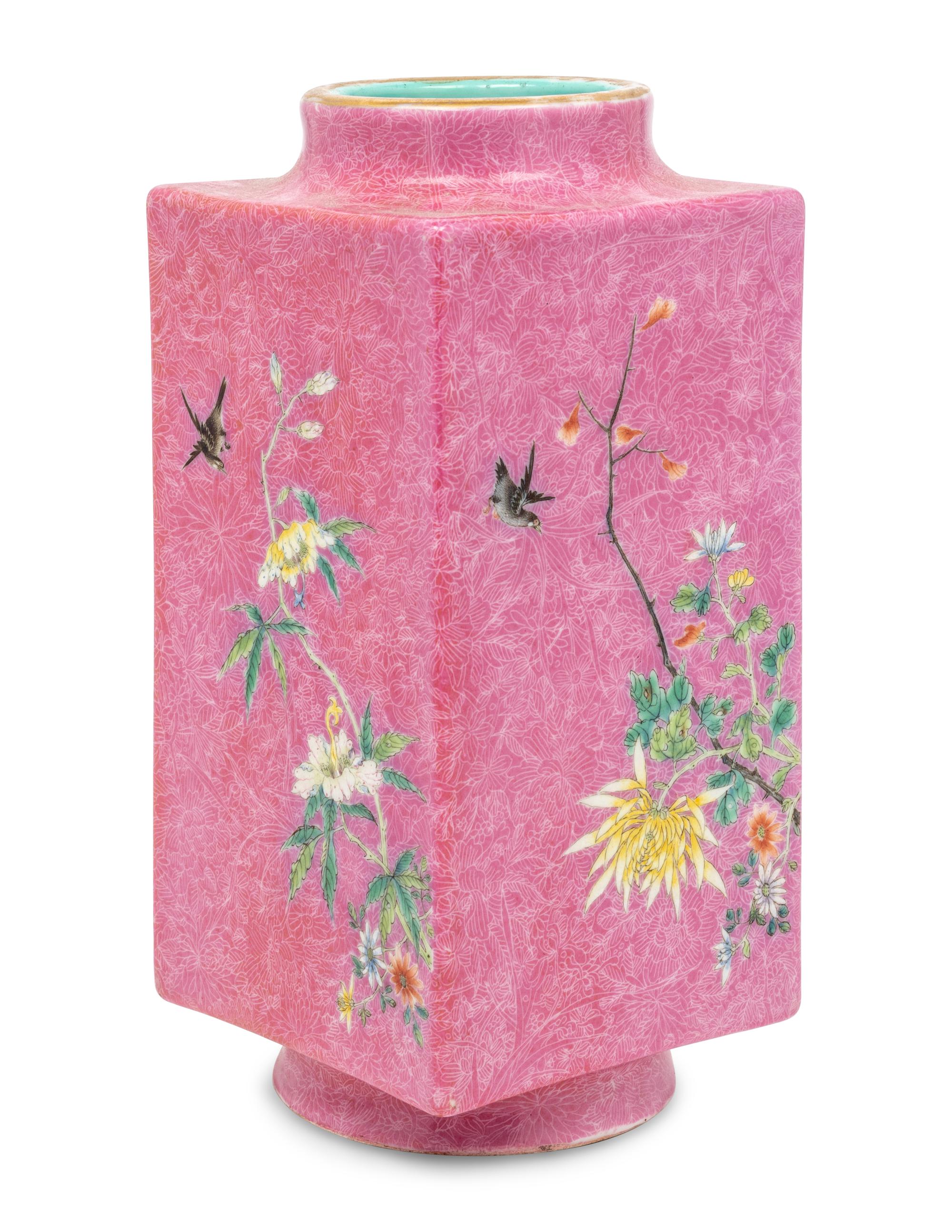 A Chinese Pink Glazed Sgraffito Ground Famille Rose Porcelain Cong Vase