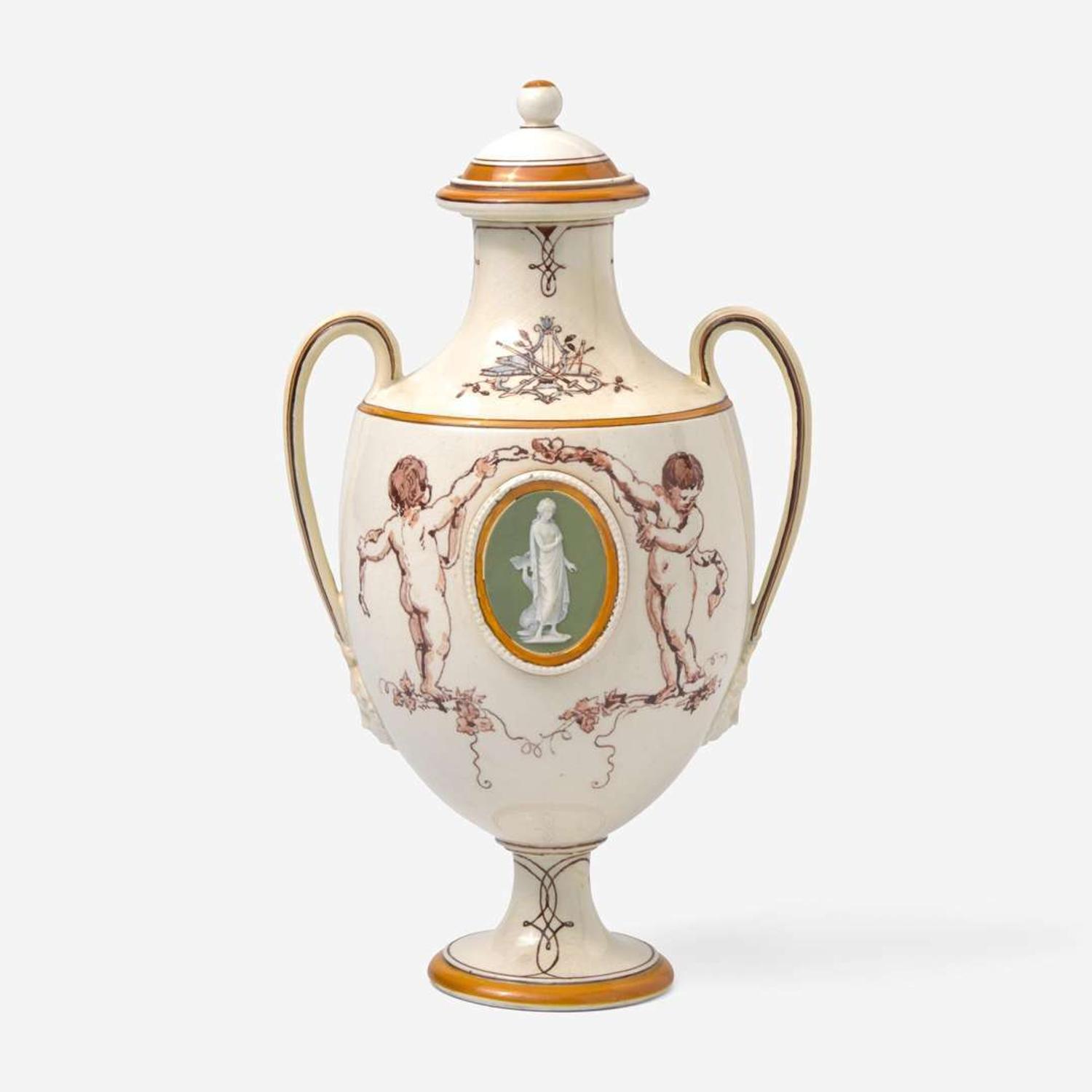 A Wedgwood Emile Lessore (1805-1876) Decorated Queensware Covered Vase with Jasperware Plaques, UK, circa 1861