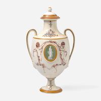 A Wedgwood Emile Lessore (1805-1876) Decorated Queensware Covered Vase with Jasperware Plaques, UK, circa 1861