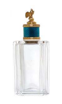 A Russian Silver-Gilt, Guilloche Enamel and Glass Scent Flask, 19th/20th Century, having a stopper with a crowned double-headed eagle f